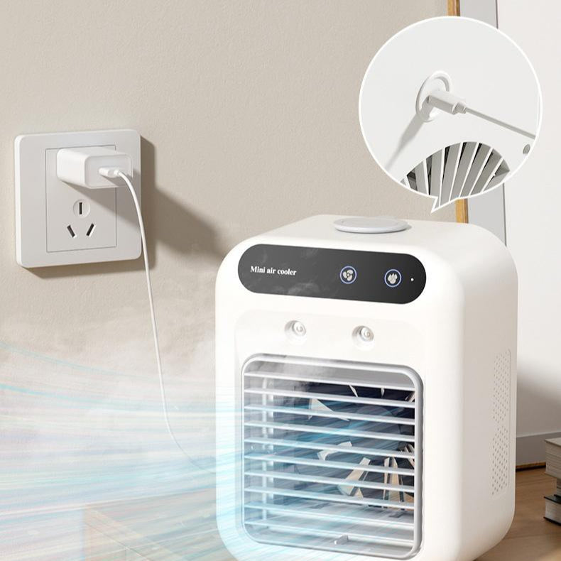 White mini portable air conditioner cooler with atomization technology and black control panel for room or car use