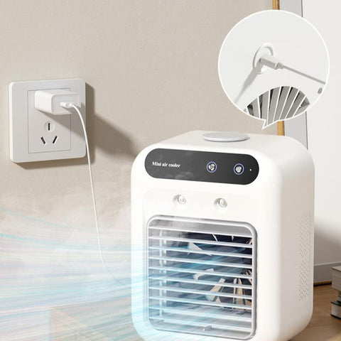 White mini portable air conditioner cooler with atomization technology and black control panel for room or car use