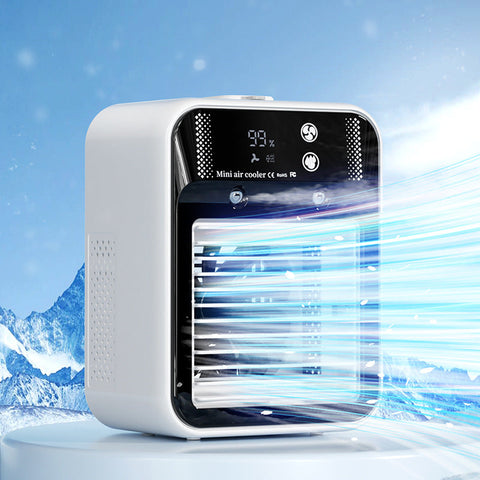 White mini portable air conditioner with black digital display showing 93 humidity and blue light cooling slats using atomization technology