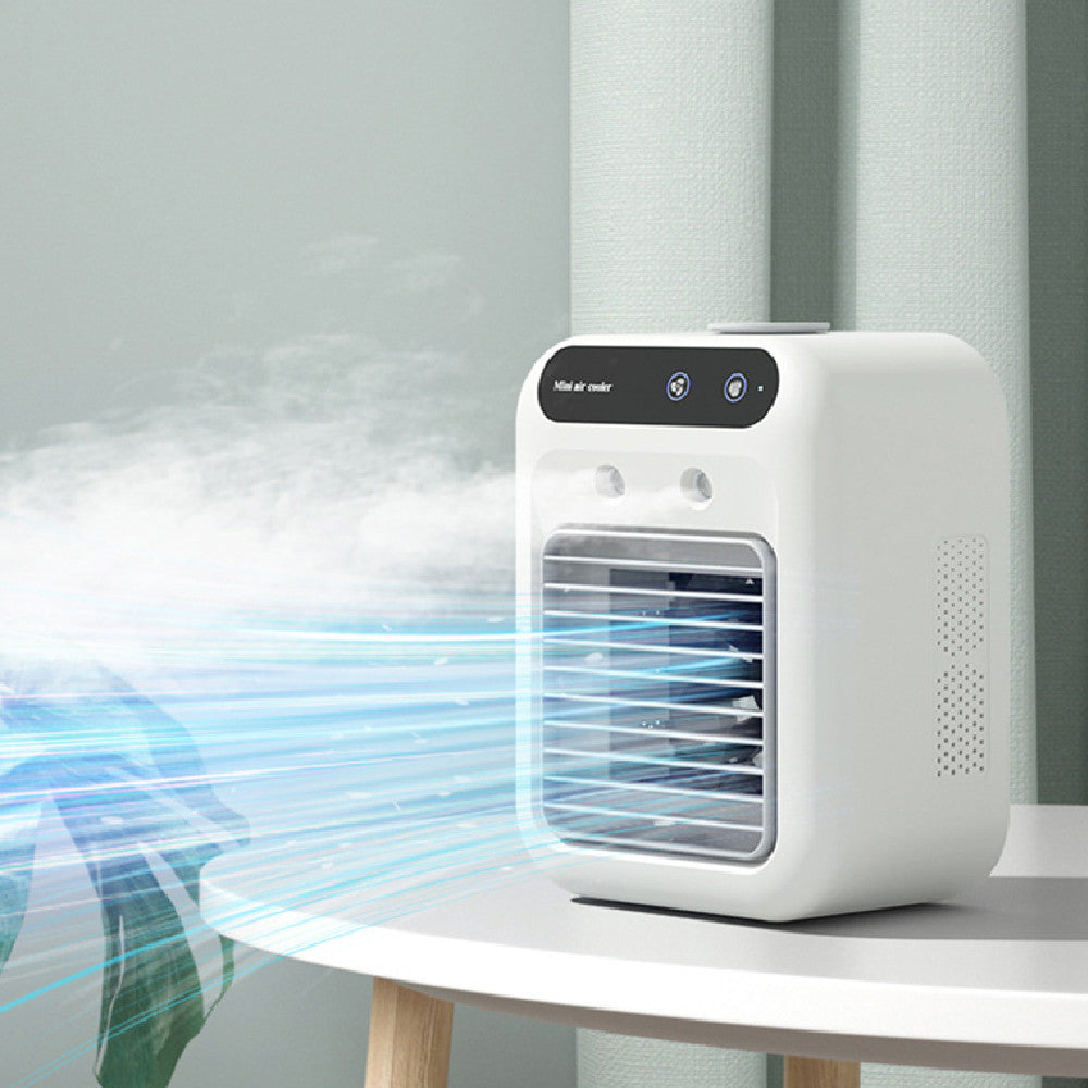 White compact portable air conditioner with atomization technology featuring a sleek design and transparent front grille