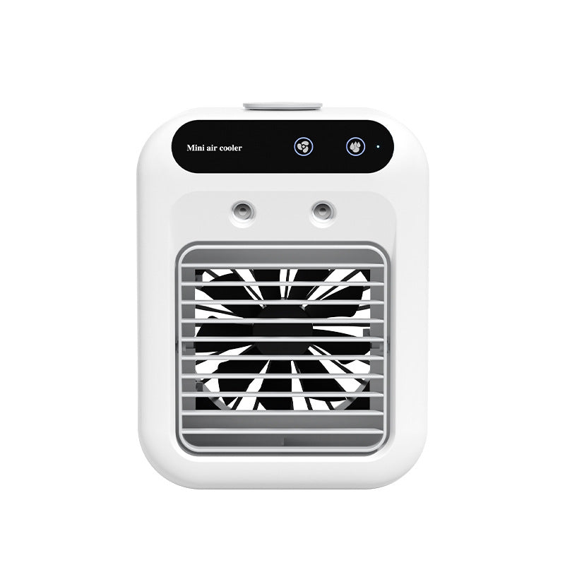 White portable air conditioner mini air cooler with black control panel silver grille featuring atomization technology for room office cars