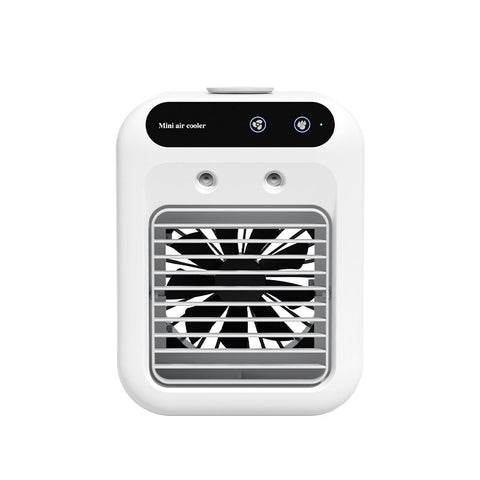 White portable air conditioner mini air cooler with black control panel silver grille featuring atomization technology for room office cars