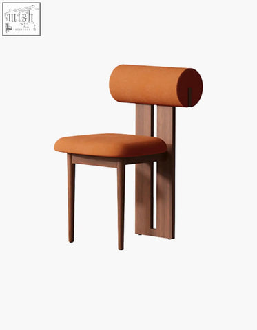 Modern airelle dining chair with cylindrical orange upholstered seat and backrest and sleek wooden legs in black brown