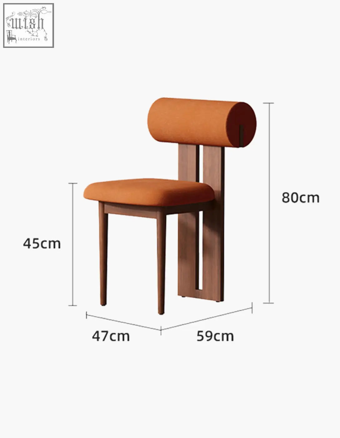 Modern orange airelle dining chair with cylindrical backrest and wooden frame for stylish dining room seating