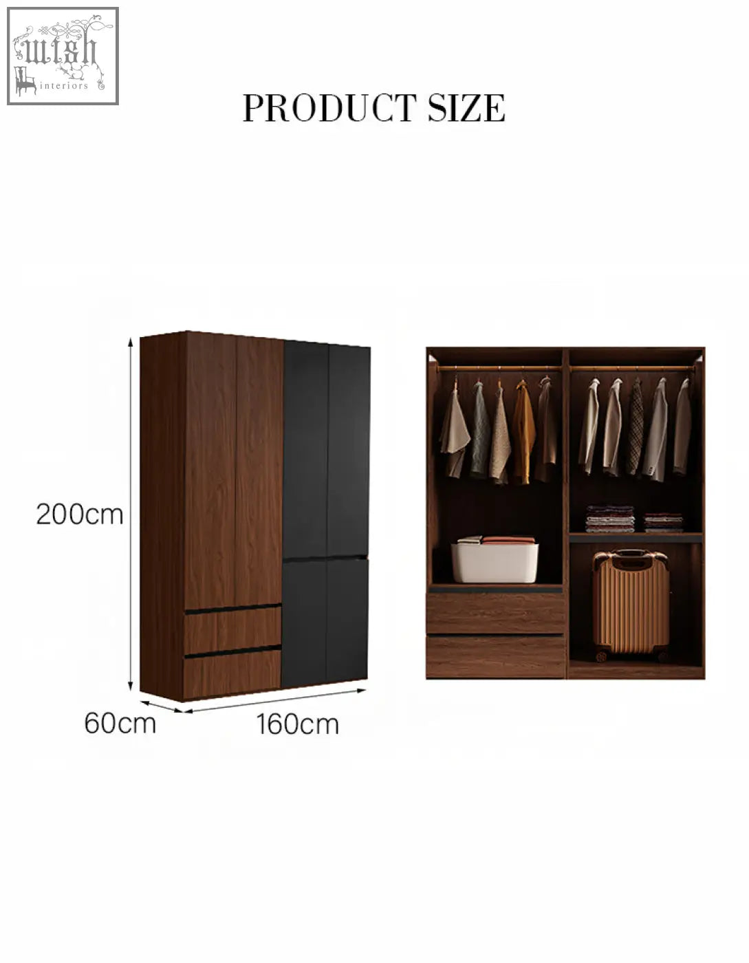 Modern aisha wood wardrobe with two-tone black and dark brown door wardrobe featuring generous storage solutions