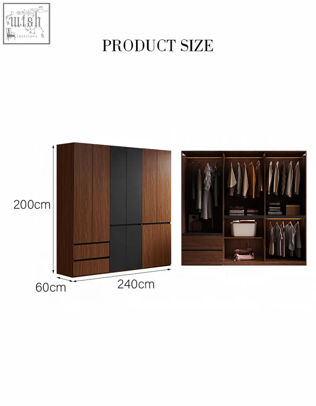Modern wooden aisha door wardrobe with black panel accents and integrated hanging space for generous storage solutions