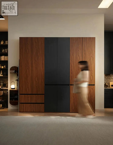 Aisha door wardrobe with wood-grain and matte black panels offering generous storage solutions and modern style