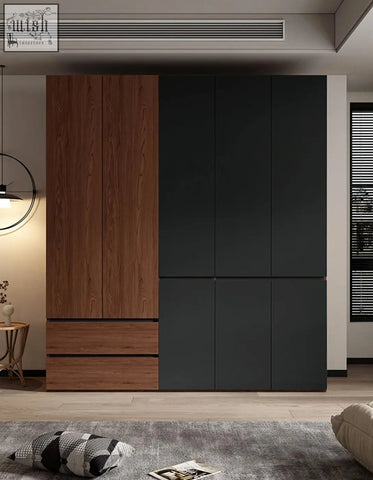 Aisha door wardrobe with wood wardrobe panels and matte black doors offering generous storage solutions