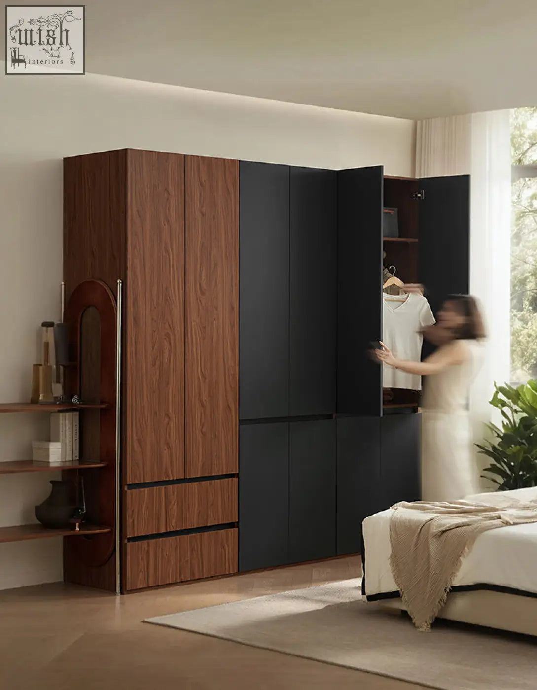 Aisha door wardrobe with two-tone wood wardrobe design and matte black panels offering generous storage solutions