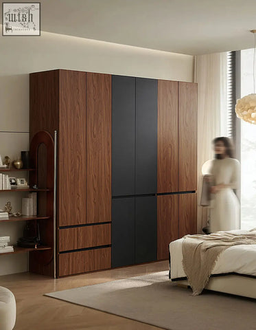 Modern wooden and black panel door wardrobe aisha wardrobe with sleek design and generous storage solutions