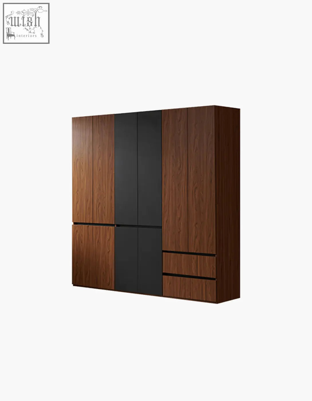 Aisha door wardrobe with sleek vertical grain finish in wood and black offering generous storage solutions