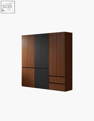 Aisha door wardrobe with sleek vertical grain finish in wood and black offering generous storage solutions