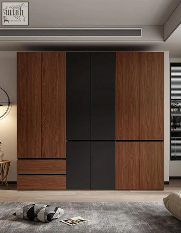 Modern wooden and black panel aisha door wardrobe offering generous storage solutions in multiple sizes