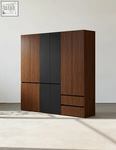 Modern wooden aisha door wardrobe with sleek black panel accent offering generous storage solutions in multiple sizes