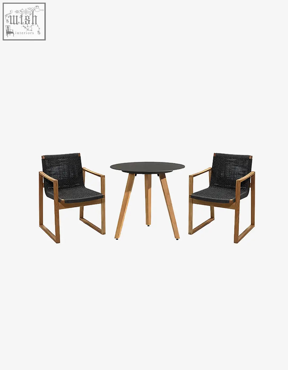 Modern outdoor dining set with two black woven chairs and light wood frames perfect for outdoor dining use