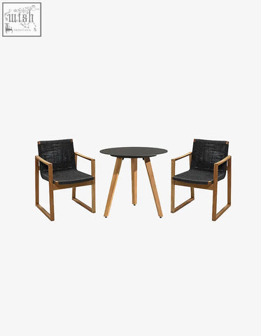 Modern outdoor dining set with two black woven chairs and light wood frames perfect for outdoor dining use