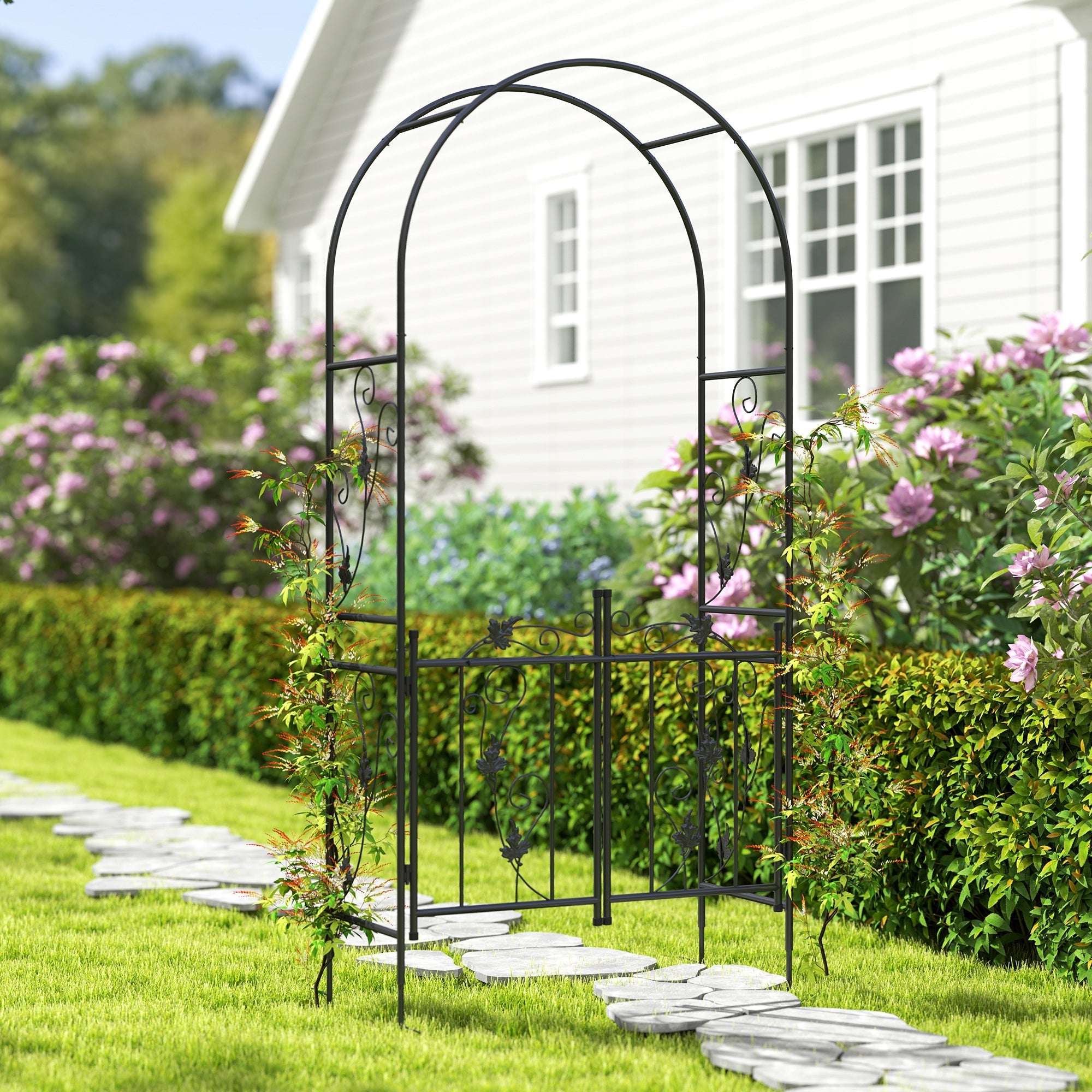 Outsunny 2.17m Steel Garden Arch with Gate, Wedding Arch for Outdoor, Garden, 107W x 45D x 217H cm Black