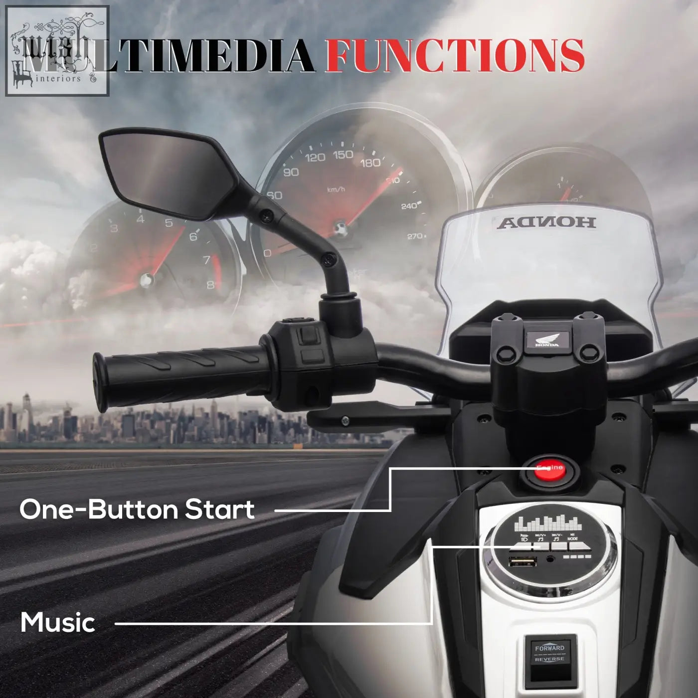 Black and white honda licensed kids electric motorbike handlebar with one-button start and music early education function