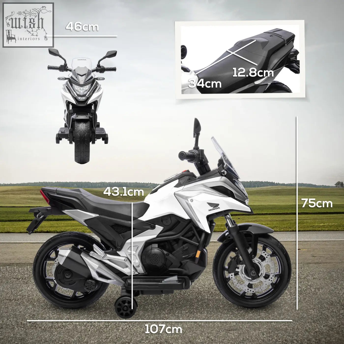 White and black honda licensed kids electric motorbike with silver accents two training wheels and early education function