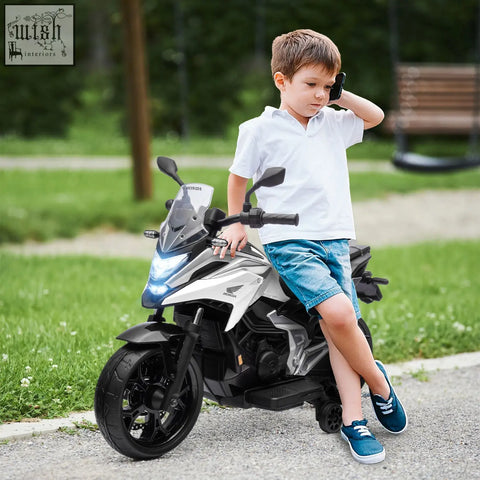 Silver and black honda licensed kids electric motorbike with two training wheels and early education function for ages 3-6