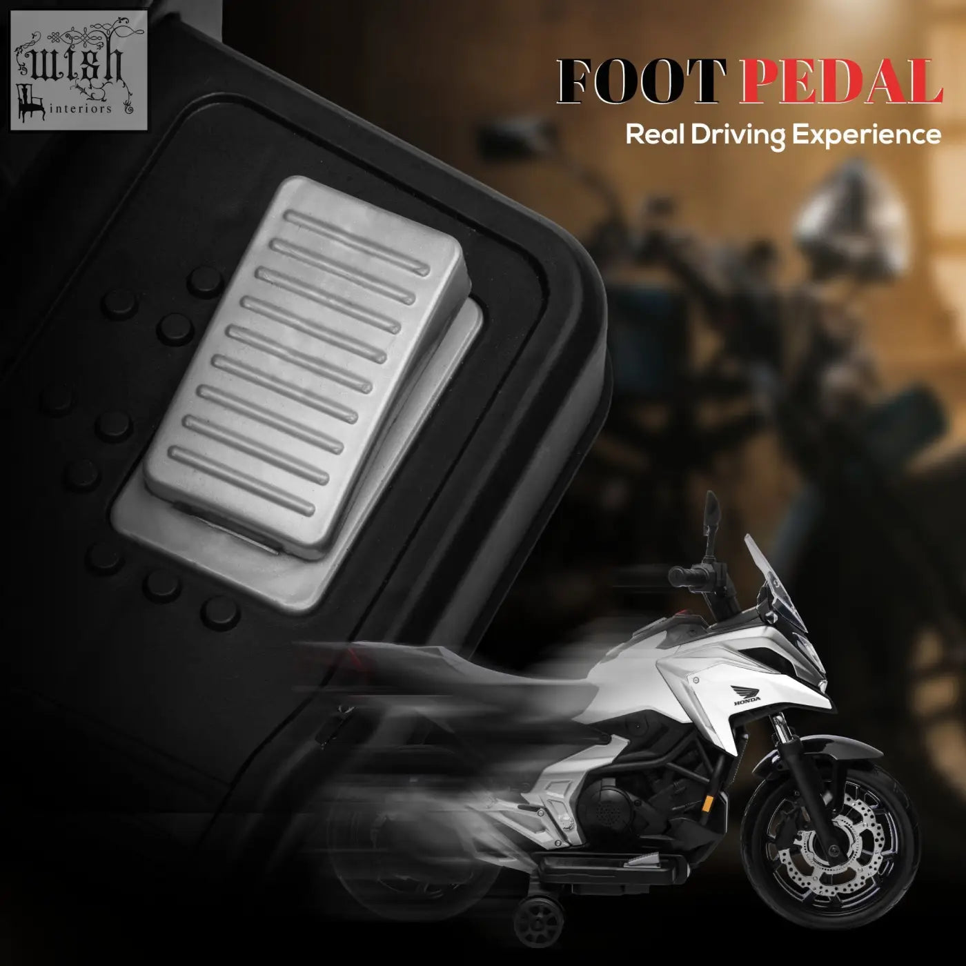 Silver metallic foot pedal with ribbed surface on black housing for honda licensed 12v kids motorbike with early education function