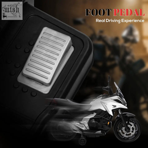 Silver metallic foot pedal with ribbed surface on black housing for honda licensed 12v kids motorbike with early education function