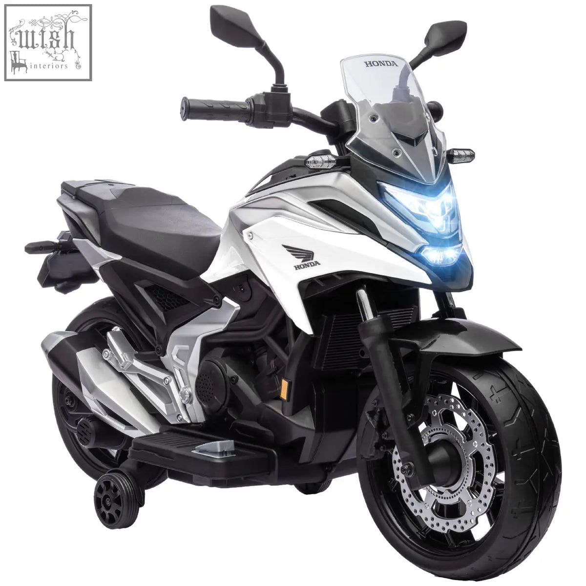 White and black honda licensed kids electric motorbike with two training wheels and early education function