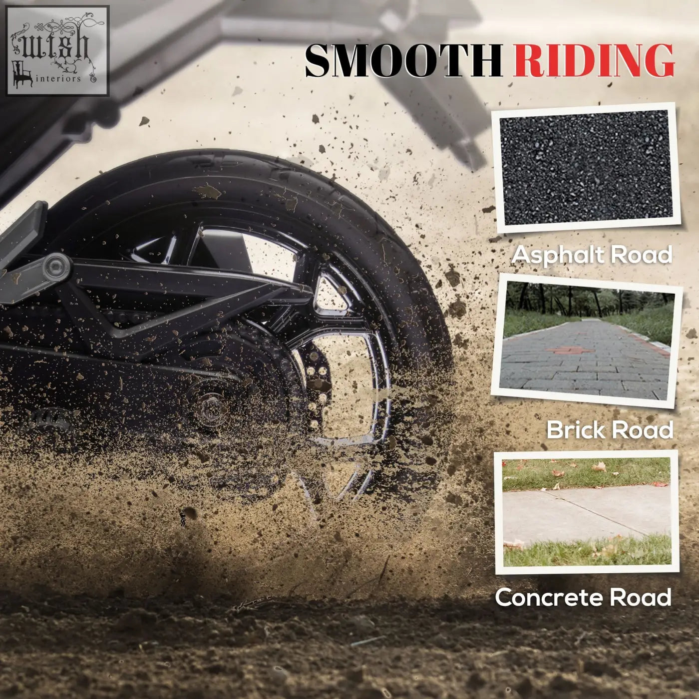 Black glossy motorcycle tire with rugged tread and chrome on back side of honda licensed kids motorbike with two training wheels