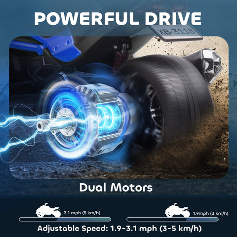 Aiyaplay blue and black kids electric ride with dual motors, glowing engine, led lights, and reverse trike design