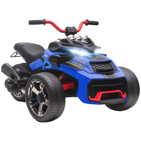 Blue and black AIYAPLAY kids electric ride 3 wheeler with rugged reverse trike design and bright LED lights for ages 3-8