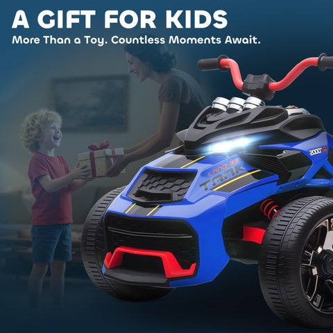 Blue and black AIYAPLAY kids electric ride on tank with led lights and reverse trike design, perfect for ages 3 to 8