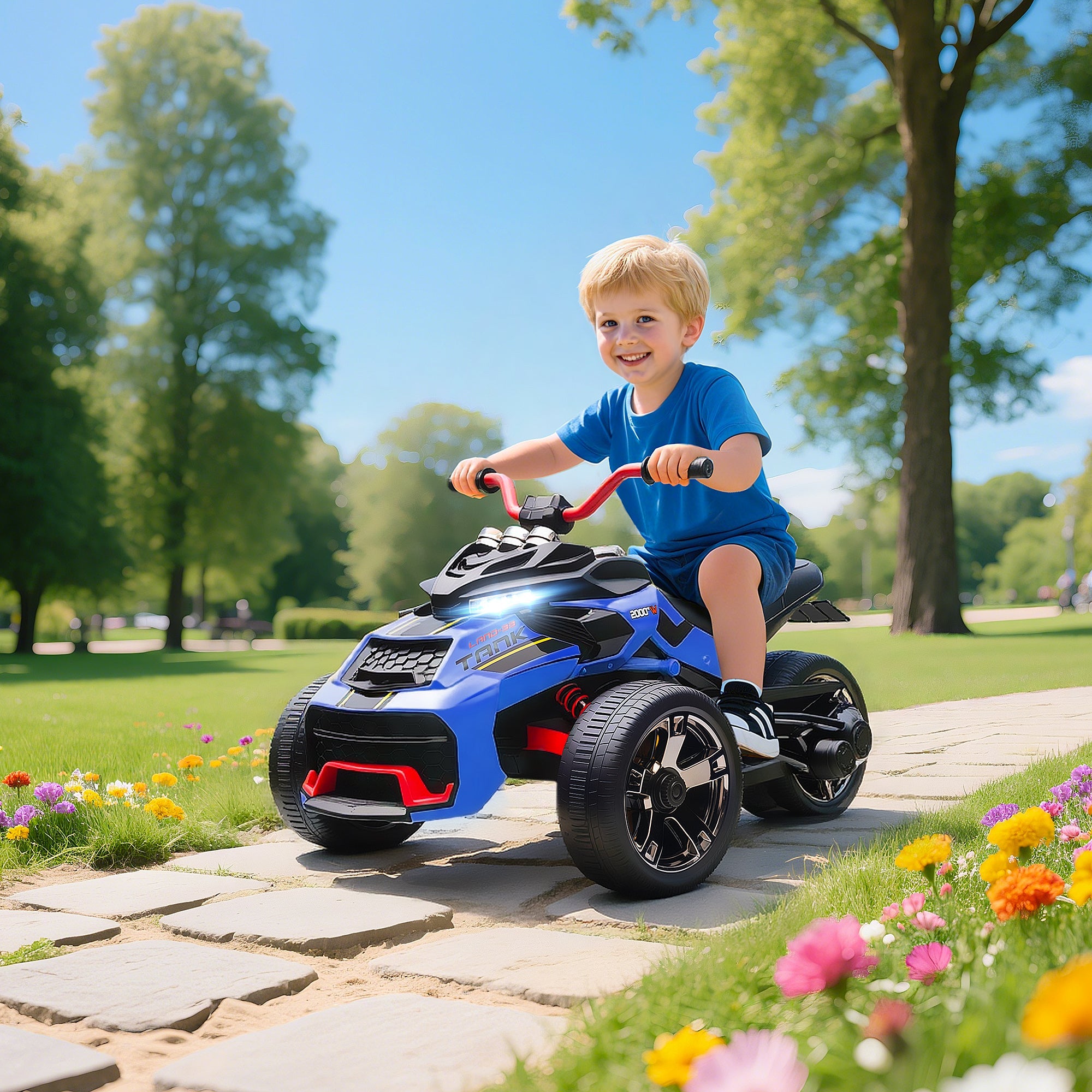 Blue and black aiyaplay 12v kids electric ride on motorcycle with led lights and reverse trike design for ages 3 to 8
