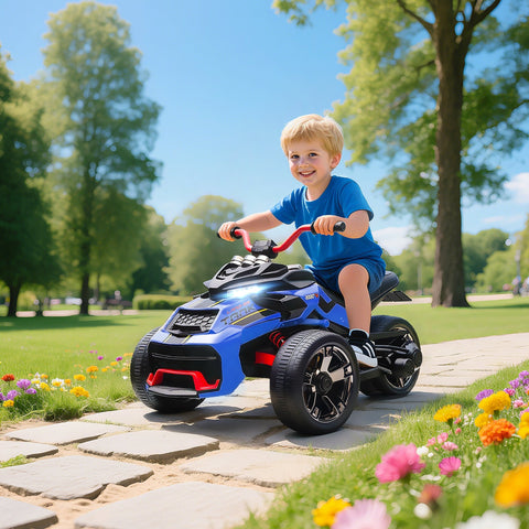 Blue and black aiyaplay 12v kids electric ride on motorcycle with led lights and reverse trike design for ages 3 to 8