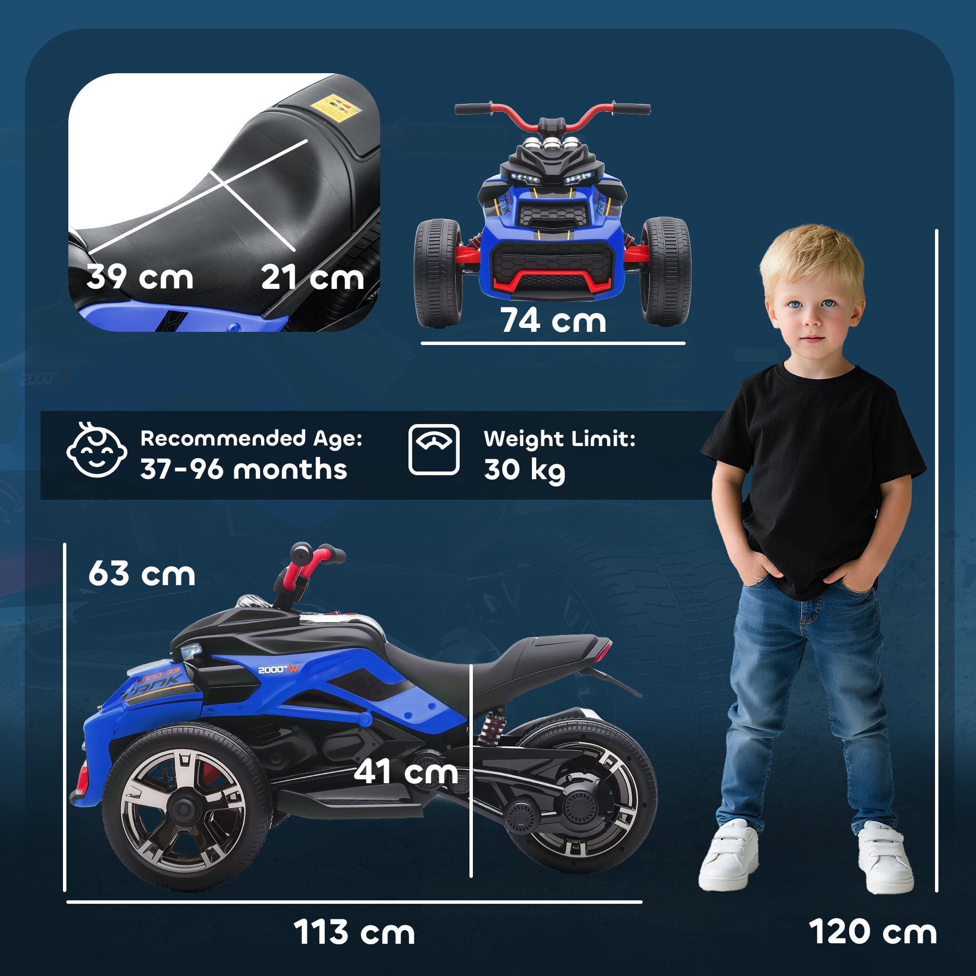 Blue and black AIYAPLAY kids electric ride with red handlebars and LED lights in a cool reverse trike design for ages 3-8
