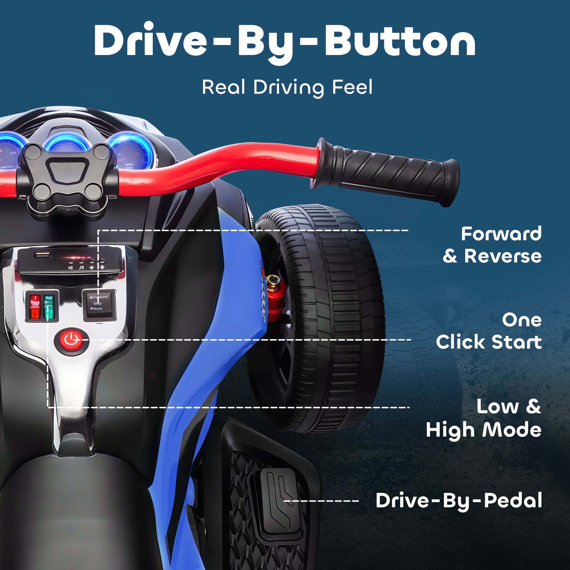Blue and black AIYAPLAY kids electric ride with led lights and reverse trike design featuring red handlebars for ages 3-8