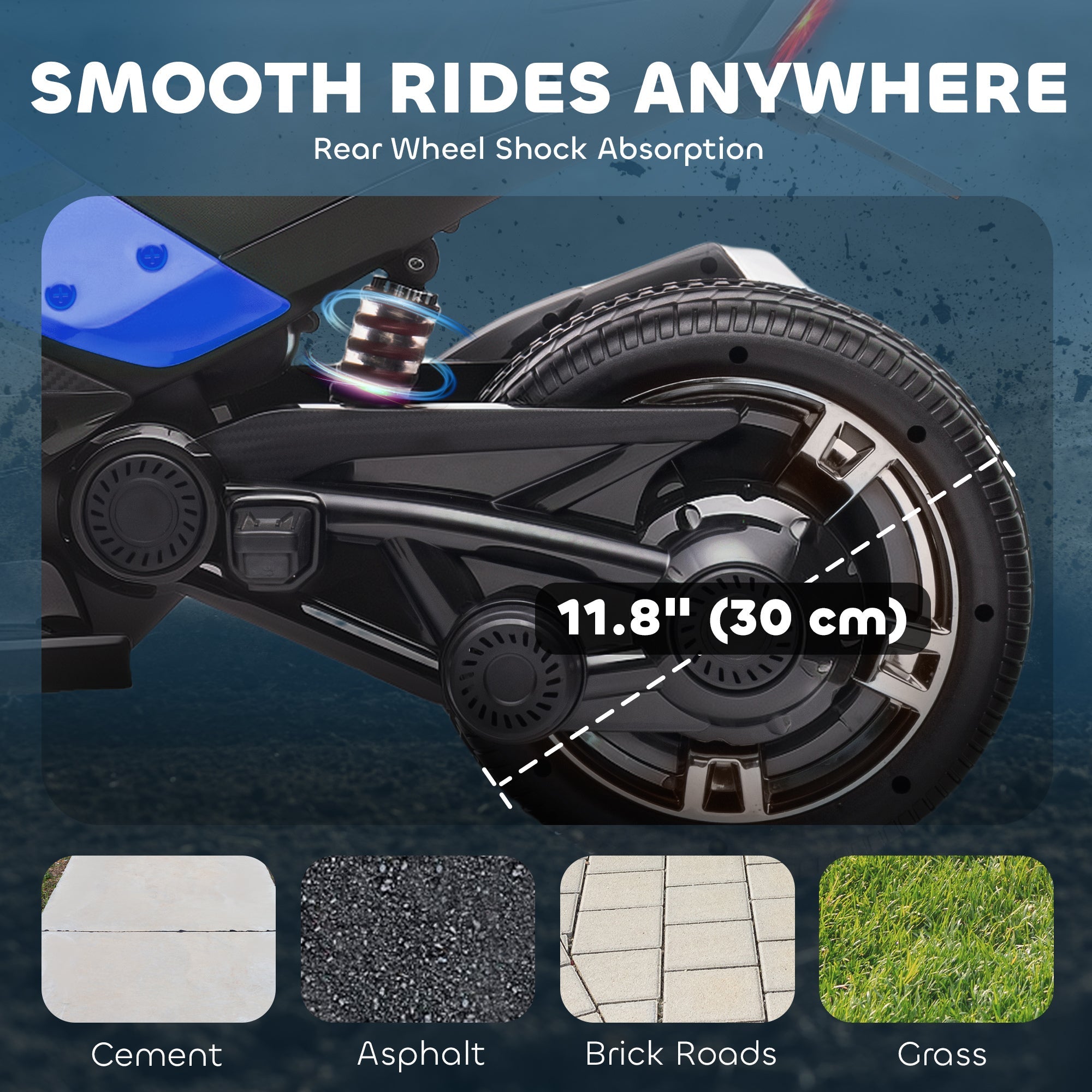 Black aiYaplay 12v kids electric ride with reverse trike design, led lights, blue accents, and rear shock absorption
