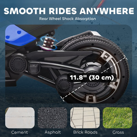 Black aiYaplay 12v kids electric ride with reverse trike design, led lights, blue accents, and rear shock absorption