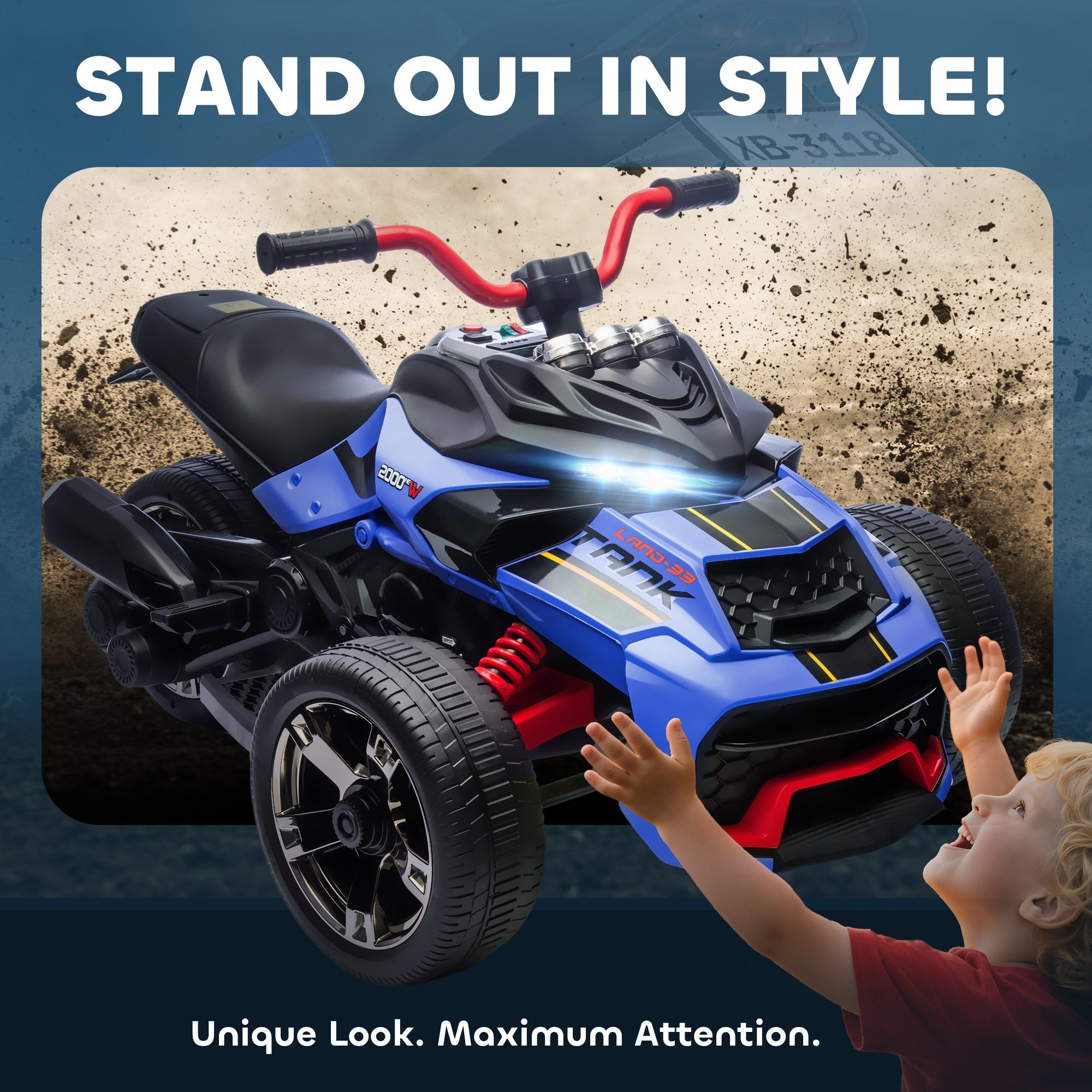 Blue and black aiyaplay 12v kids electric ride on car with led lights and reverse trike design for ages 3 to 8