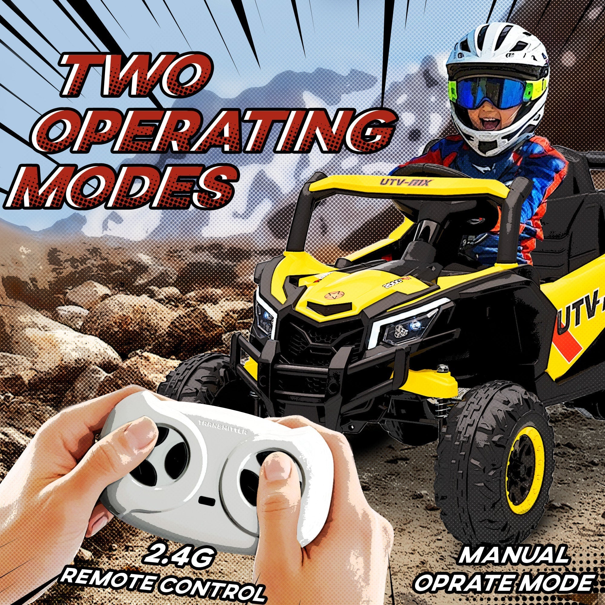 Yellow and black AIYAPLAY kids electric car with remote control and rugged tires featuring a child in racing gear
