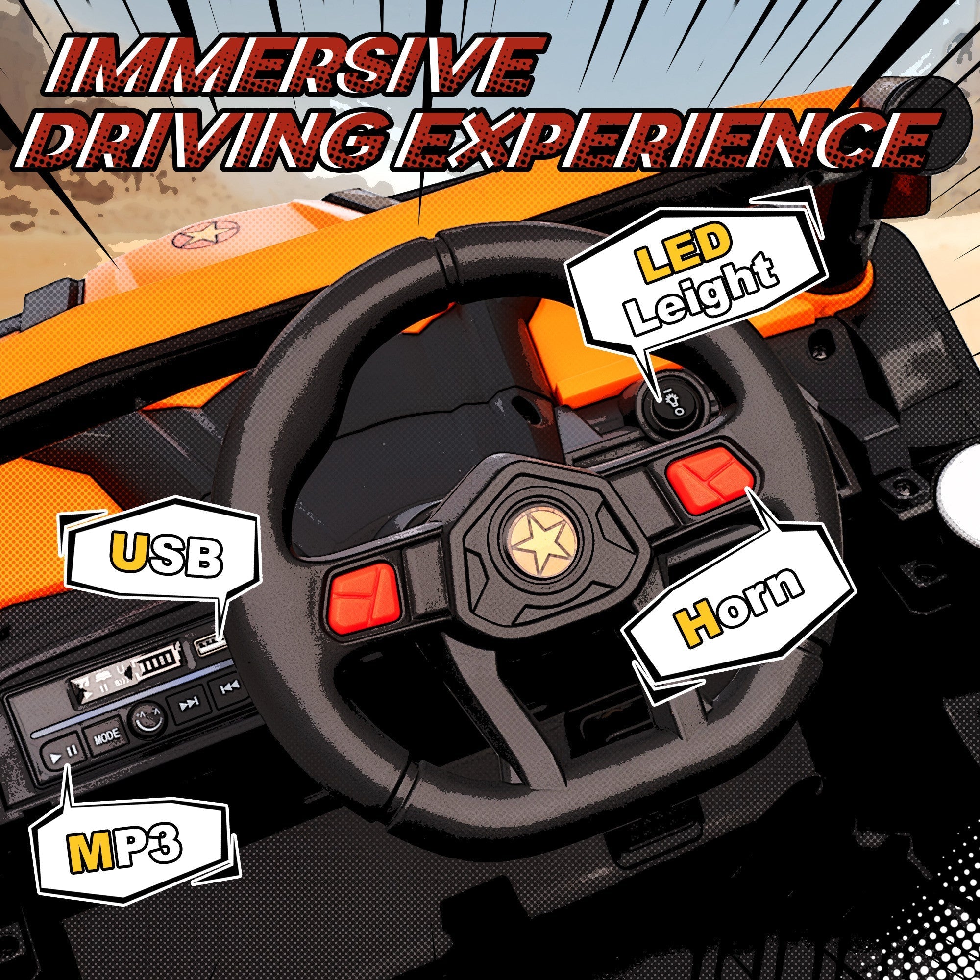 Black steering wheel with red buttons gold star emblem led lights usb port and horn controls on aiyaplay kids electric car