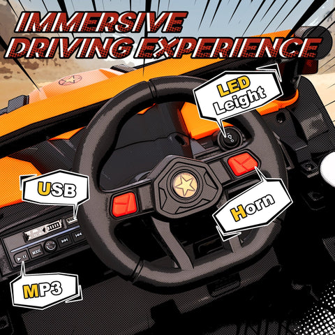 Black steering wheel with red buttons gold star emblem led lights usb port and horn controls on aiyaplay kids electric car