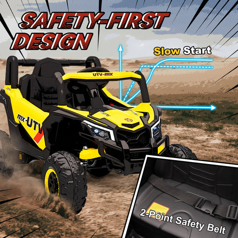 Aiyaplay 12v kids electric car in yellow with remote control rugged tires suspension and safety features for kids 3-5 years