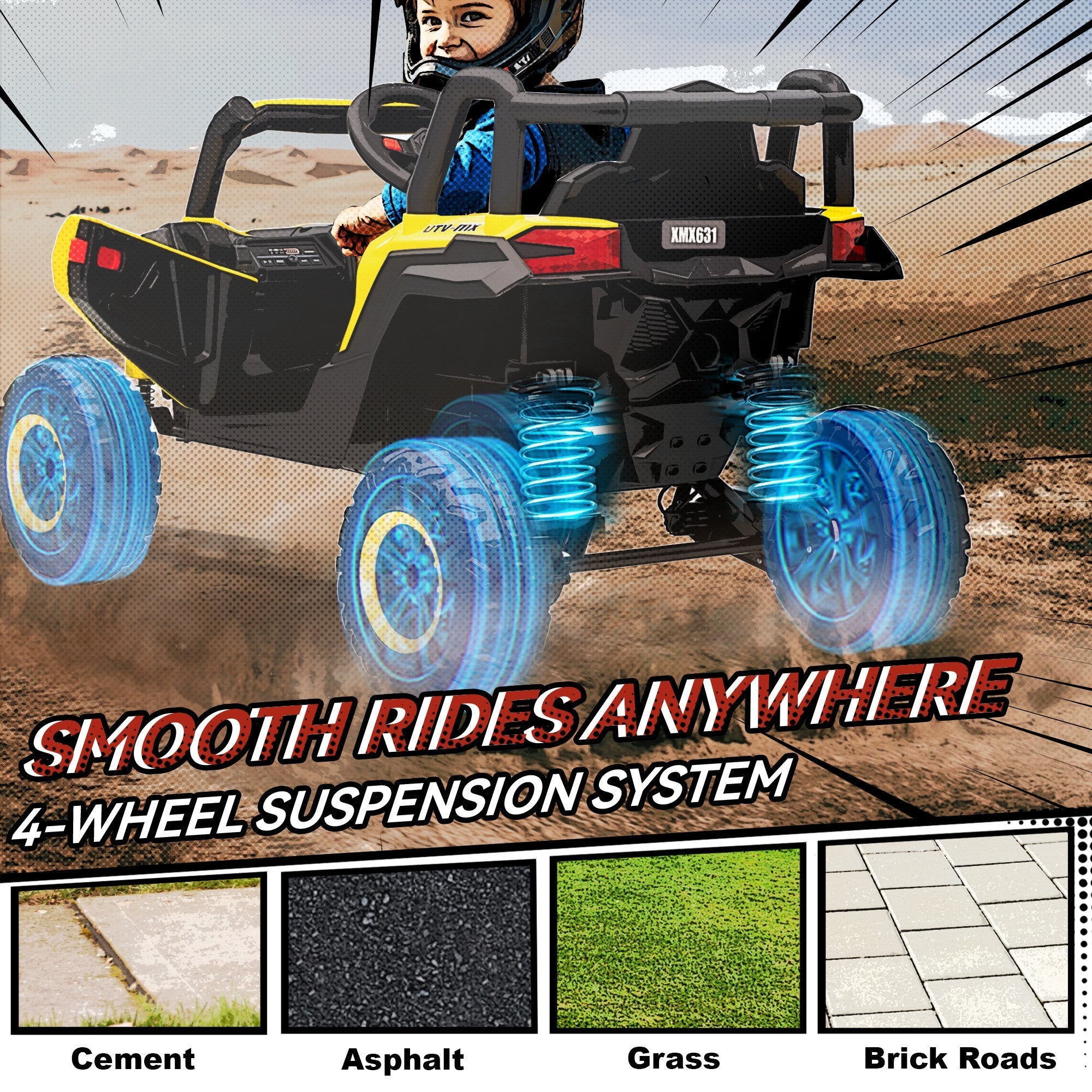 Aiyaplay 12v kids electric car in black and yellow with blue glowing suspension springs and remote control for kids 3-5 years