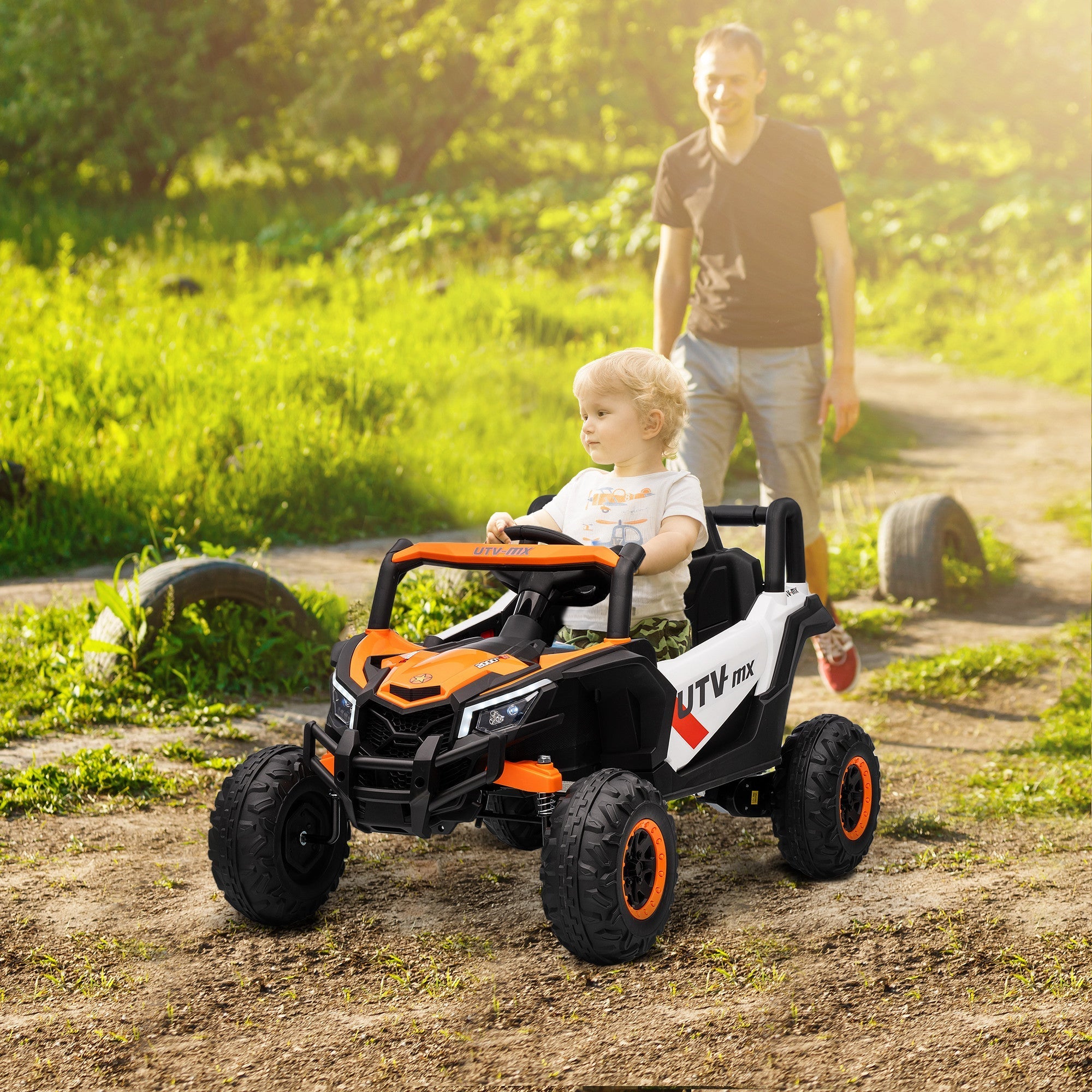Orange and black aiayaplay kids electric car with rugged tires remote control and suspension for ages 3-5 years