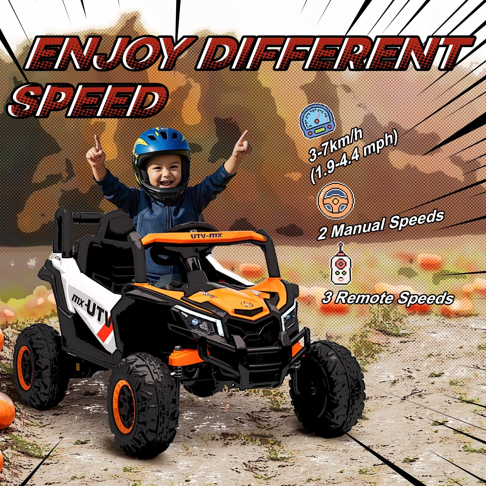Orange and black kids electric utv with white accents by AIYAPLAY featuring remote control and suspension system