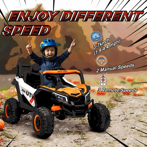 Orange and black kids electric utv with white accents by AIYAPLAY featuring remote control and suspension system