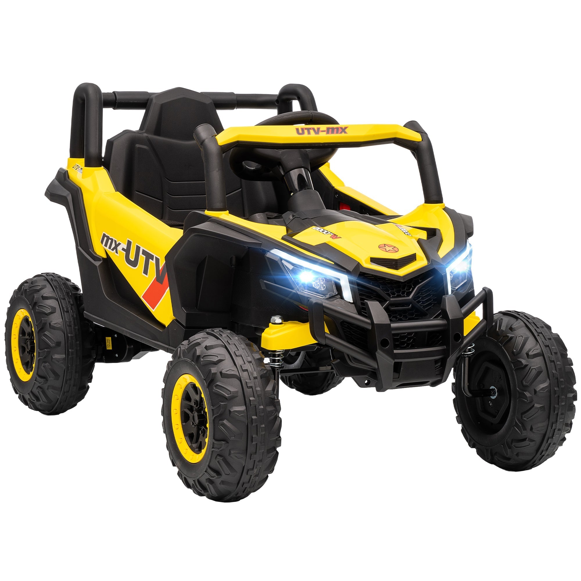 Yellow and black aiyaplay 12v kids electric car with remote control rugged tires and illuminated headlights for ages 3-5