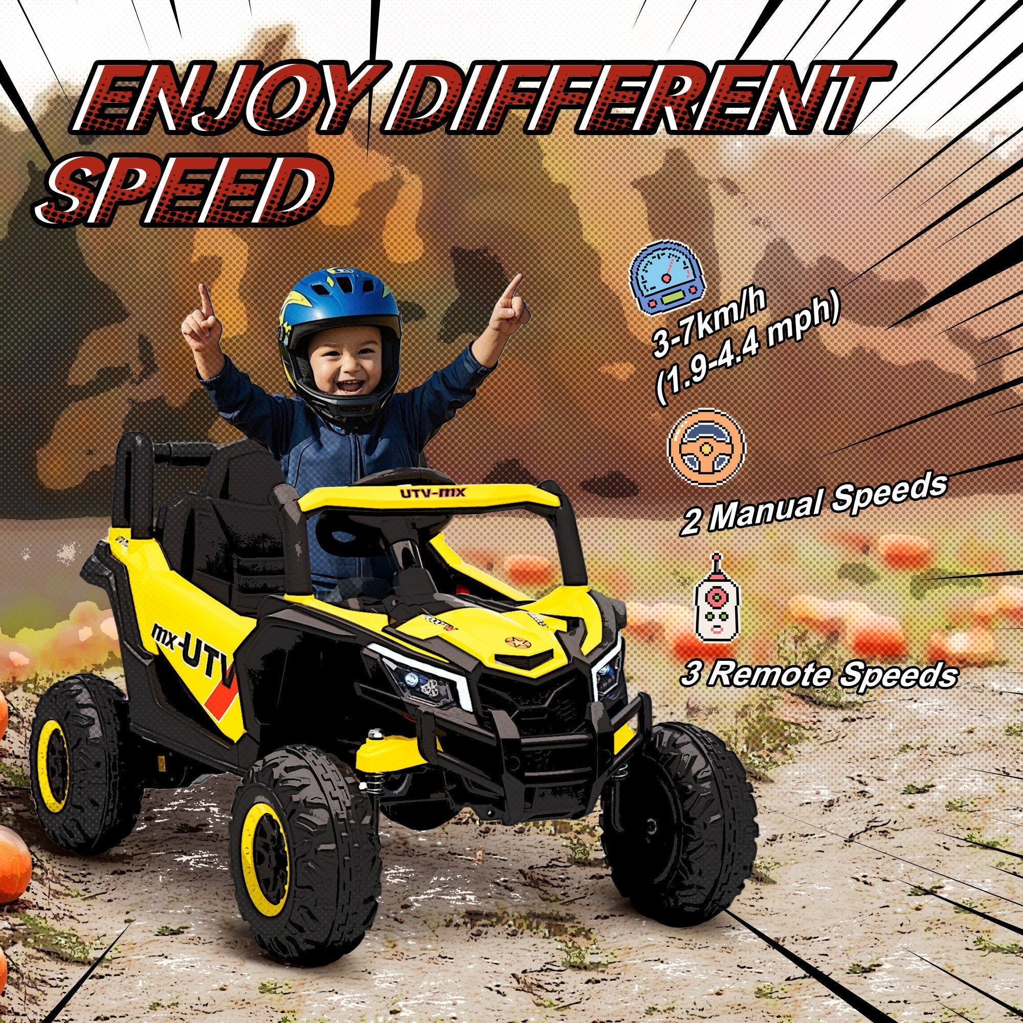 Yellow and black aiyaplay kids electric car with remote control rugged tires suspension and child in blue helmet riding it