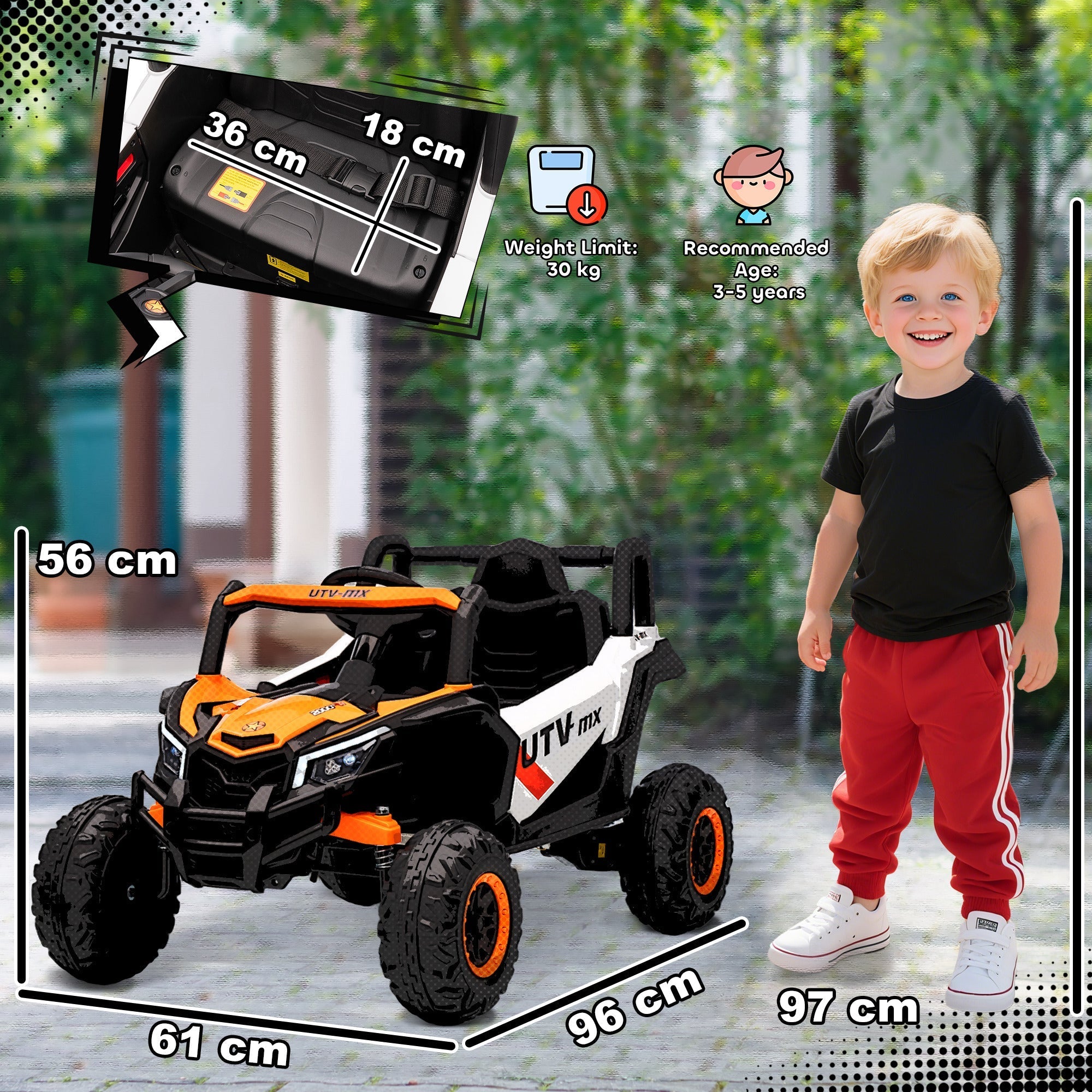 Black and orange aiyaplay 12v kids electric car with remote control, rugged tires, suspension system, and sporty design
