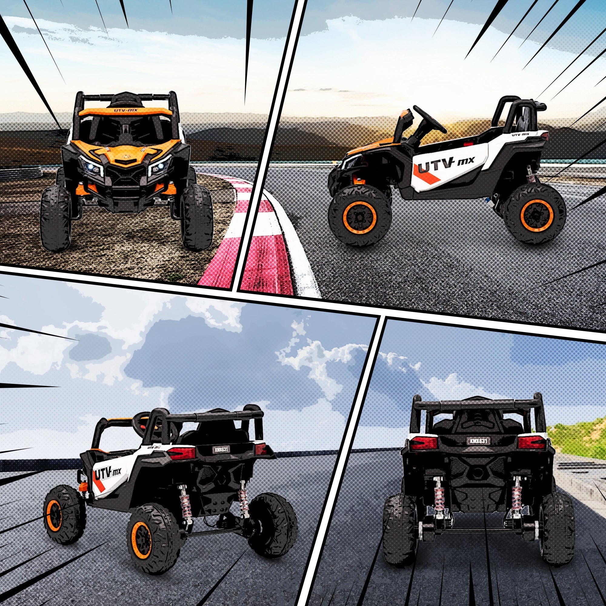 Orange and black aiyaplay kids electric car with remote control rugged tires roll cage and white side accents